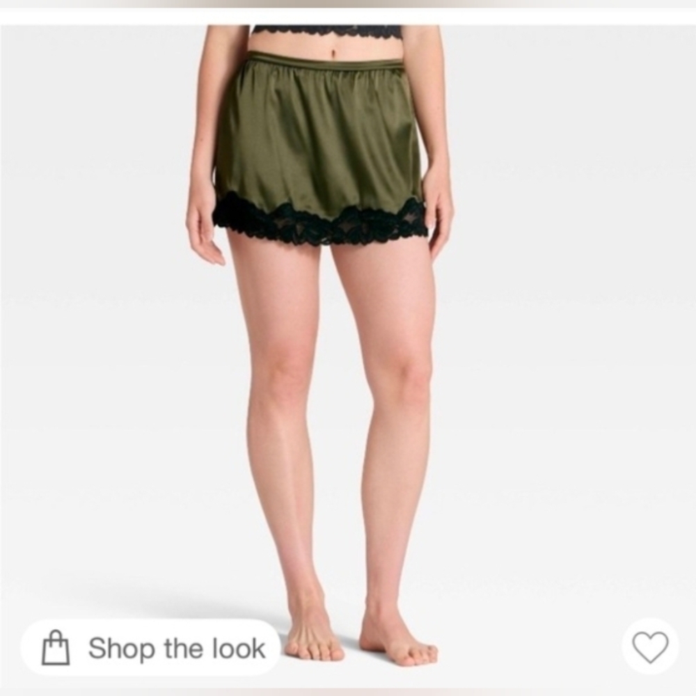 Auden Women's Satin & Lace Lingerie Skirt, Moss Green Size S